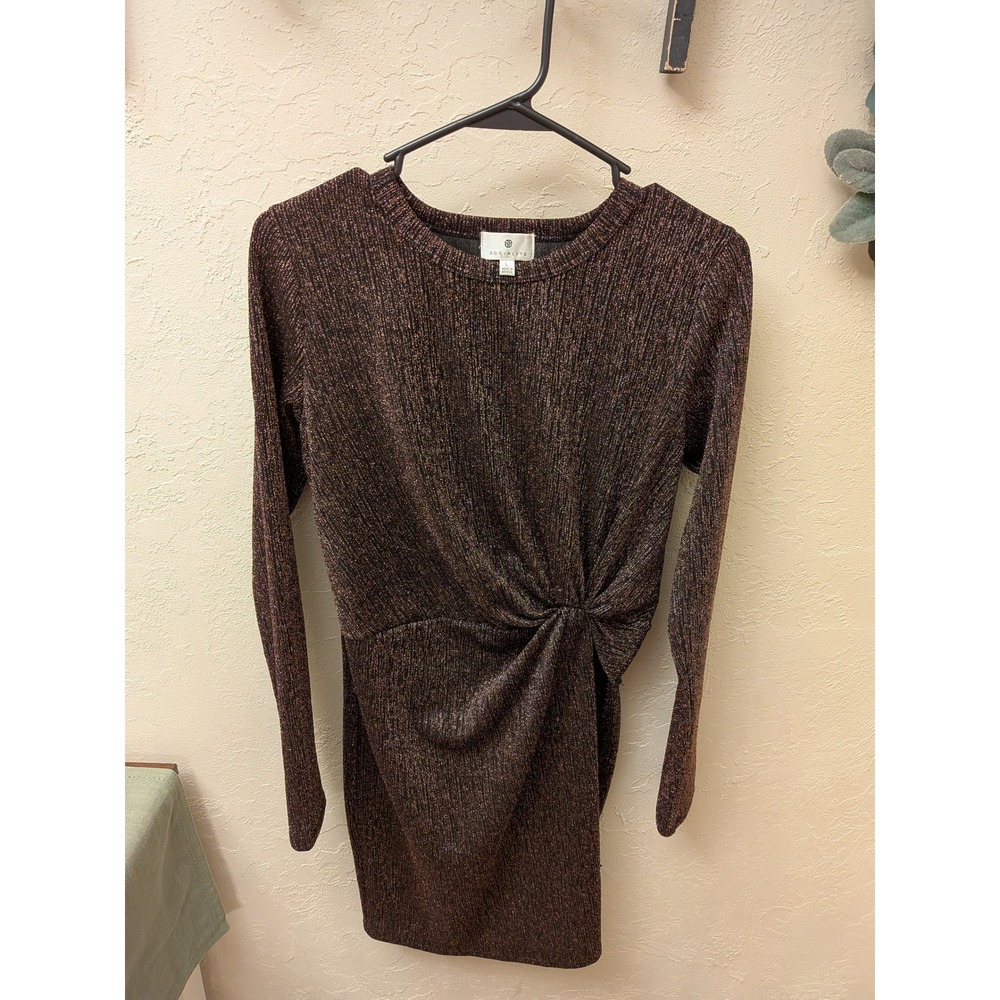 Socialite Women's Long Sleeve Twist Front Metallic Knit Dress Size L